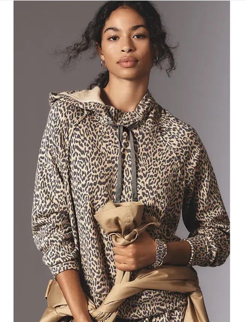 Anthropologie Daily Practice Hoodie Hooded Sweatshirt Leopard Print Brown XS NWT