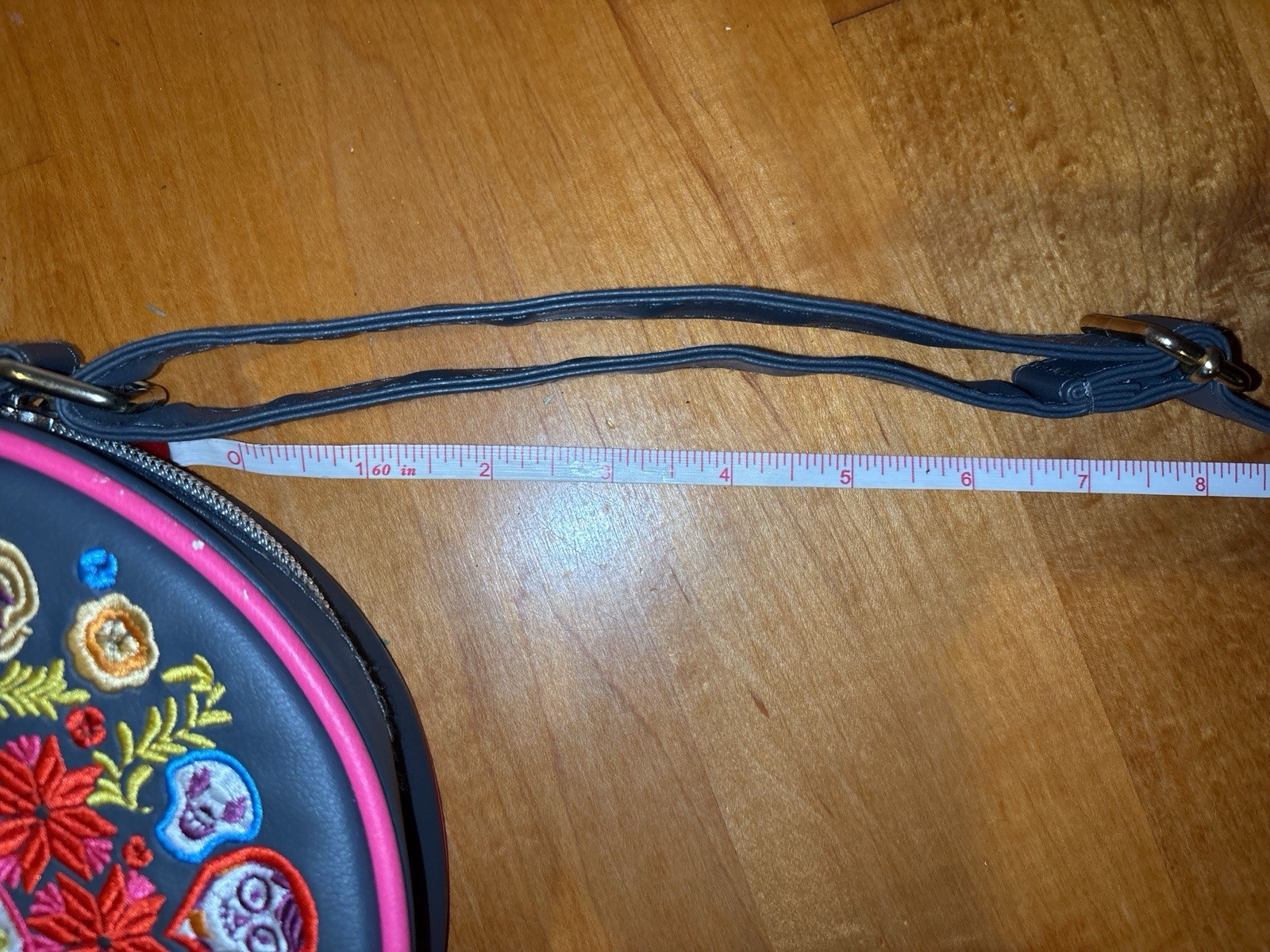 Disney Store Round Coco Embroidered Crossbody Bag Gray Pink Sugar Skull EUC