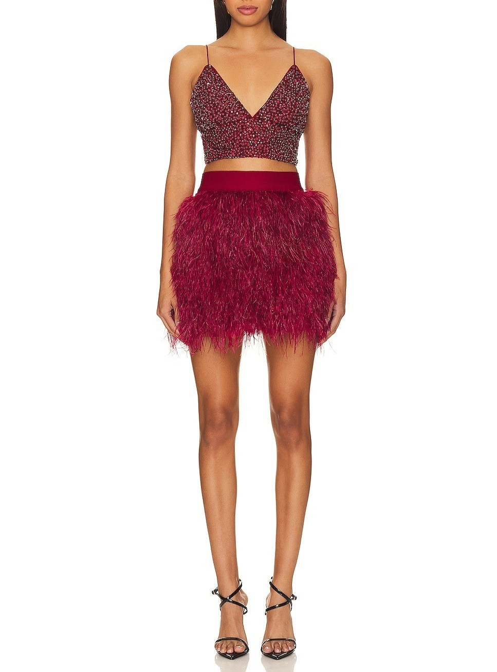 Alice + Olivia Cina Women’s Ostrich Feather High Waist Miniskirt Bordeux Size 2