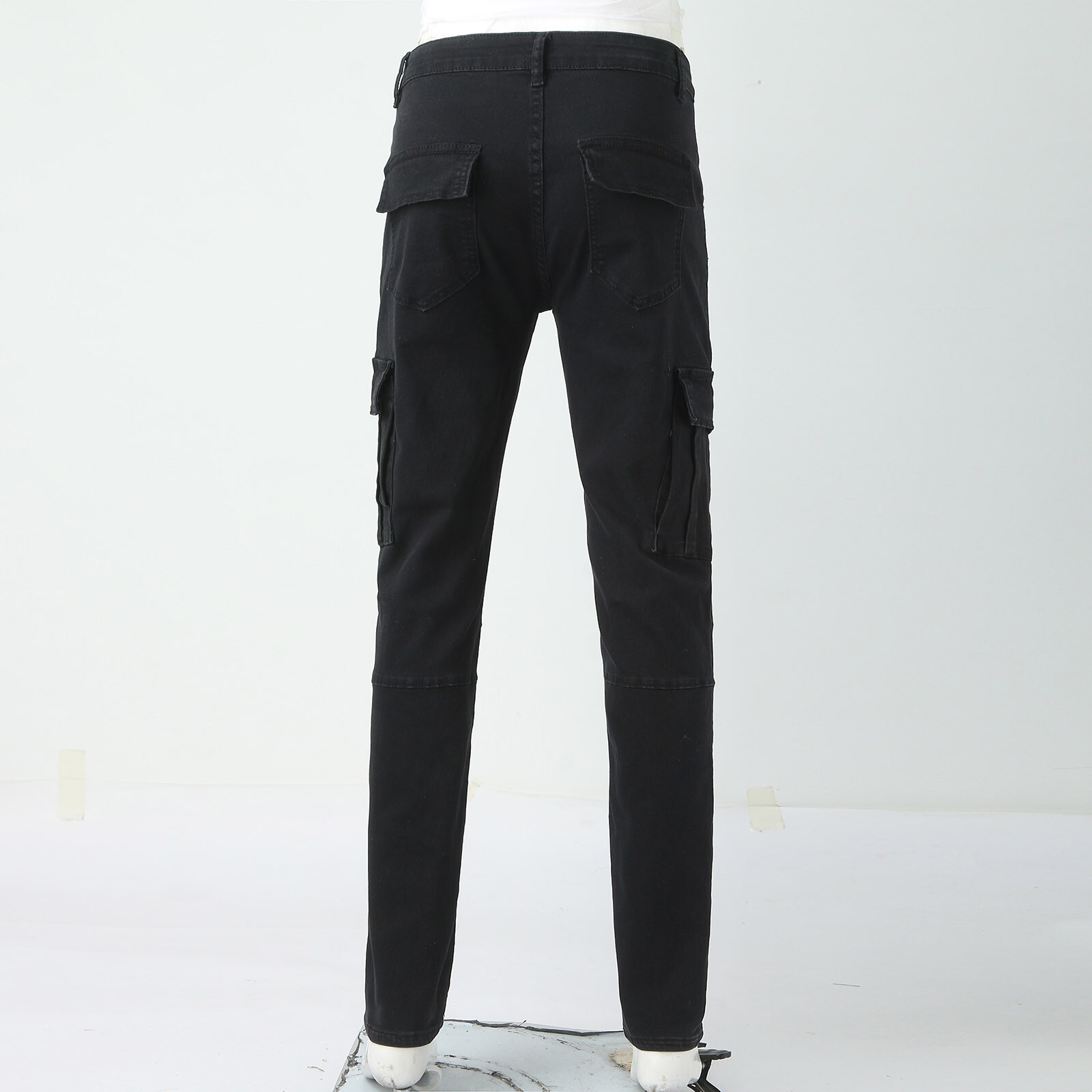 Large SIze Mens Soild Straight Hole Buckle Zipper Middle Waist Denim Long Pants