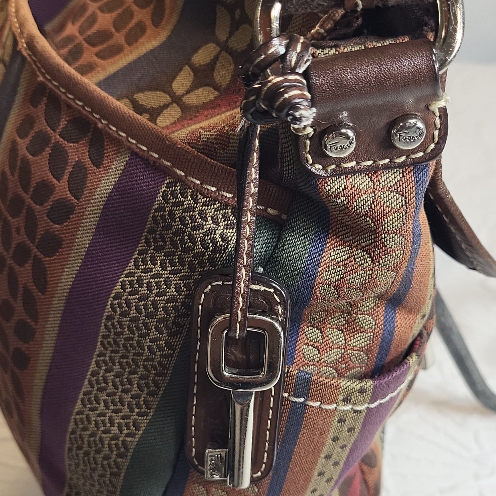 Fossil Multicolor Striped Shoulder Bag, Zipper, Patterned, Strap Accent, Key