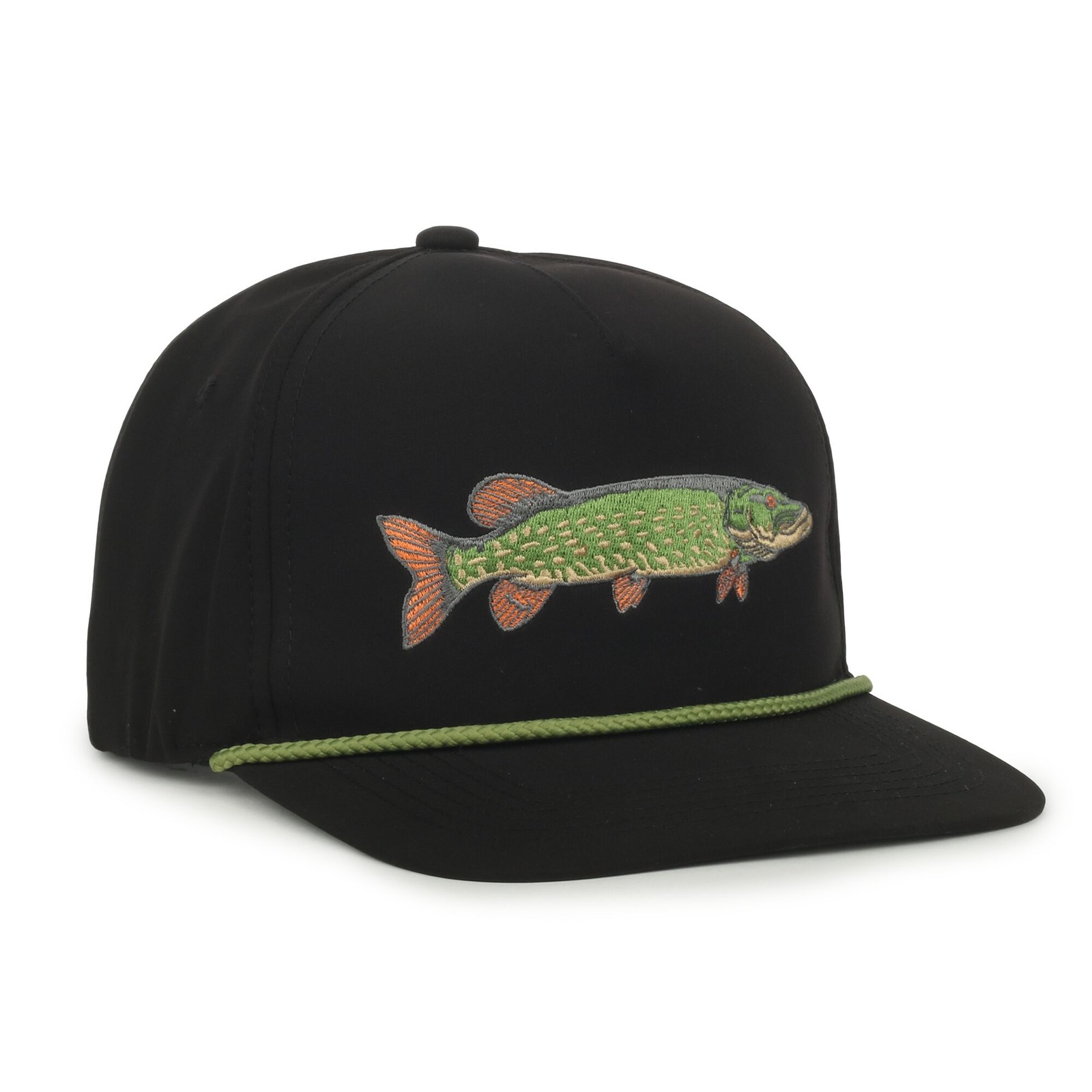 Outdoor Cap Northern Pike Fishing Cap Black 5-Panel Hat, Green Rope Detail