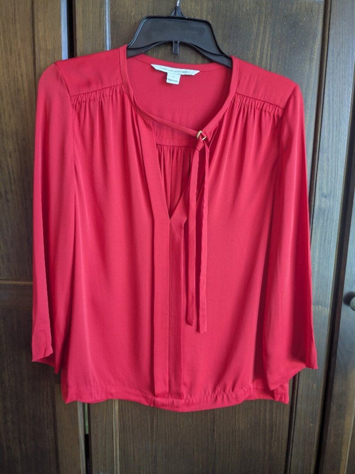 Diane von Furstenberg Red Tie‑Neck Blouse – Size 2