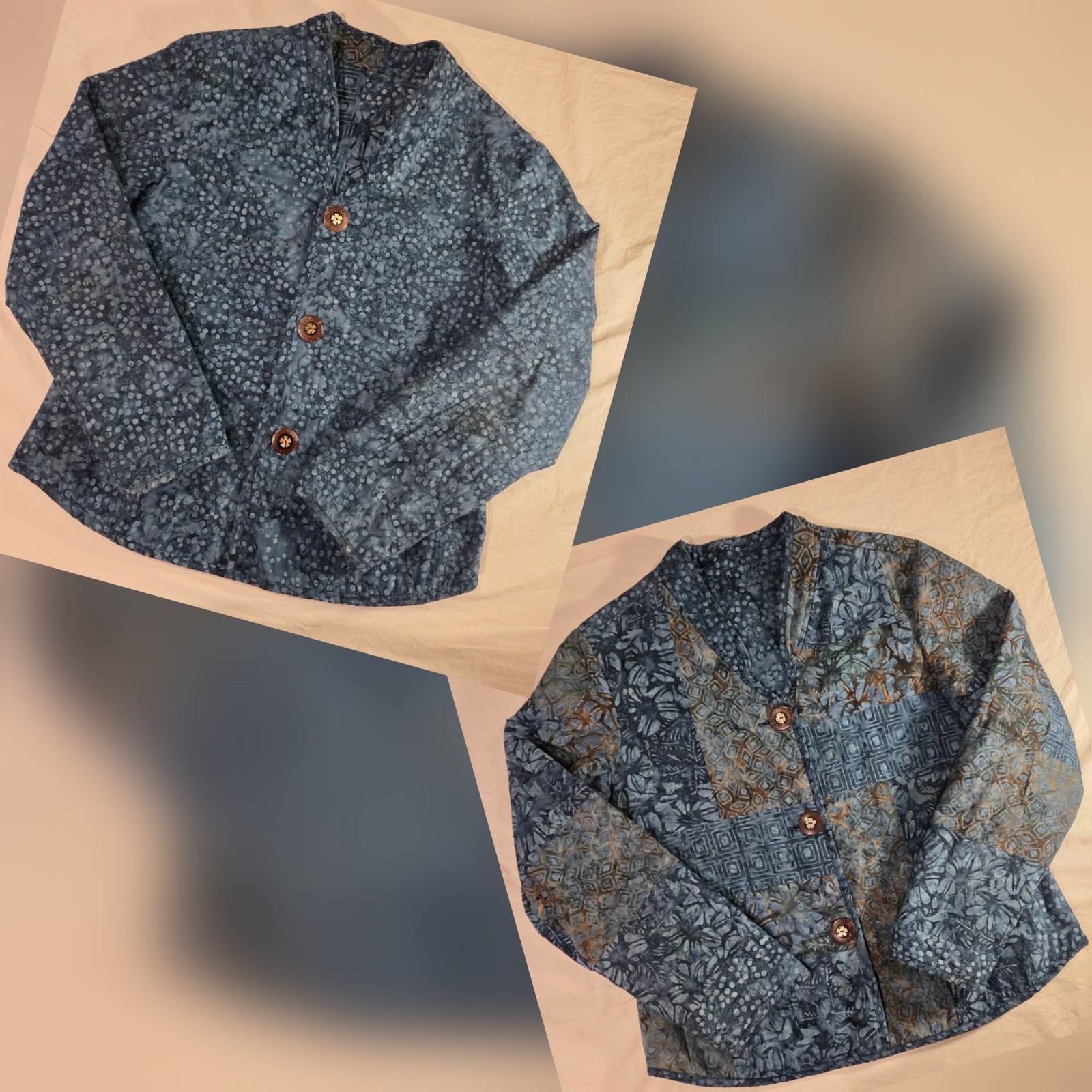 Handmade Batik Reversible Button Up Jacket Wearable Art Boho Homemade, Blue