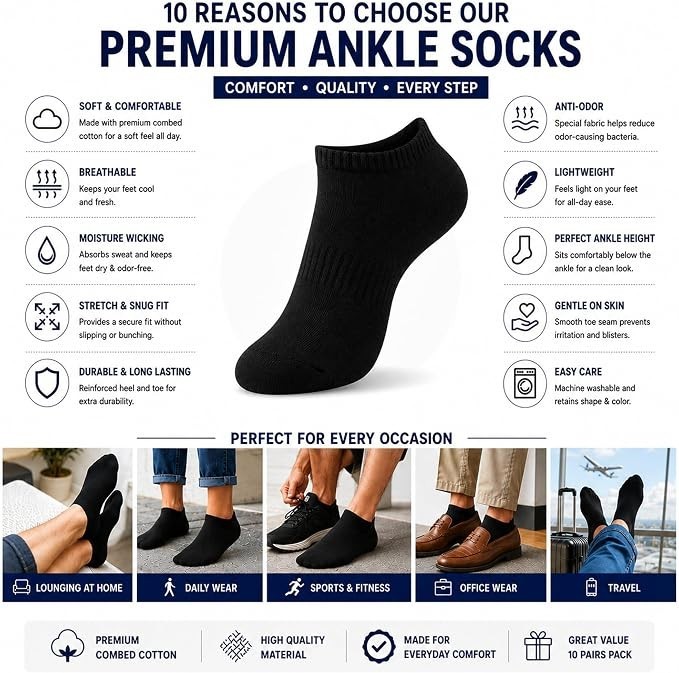 Men Cotton Ankle Athletic Socks Cushion Breathable Low Cut Sport 6 & 10 Pairs