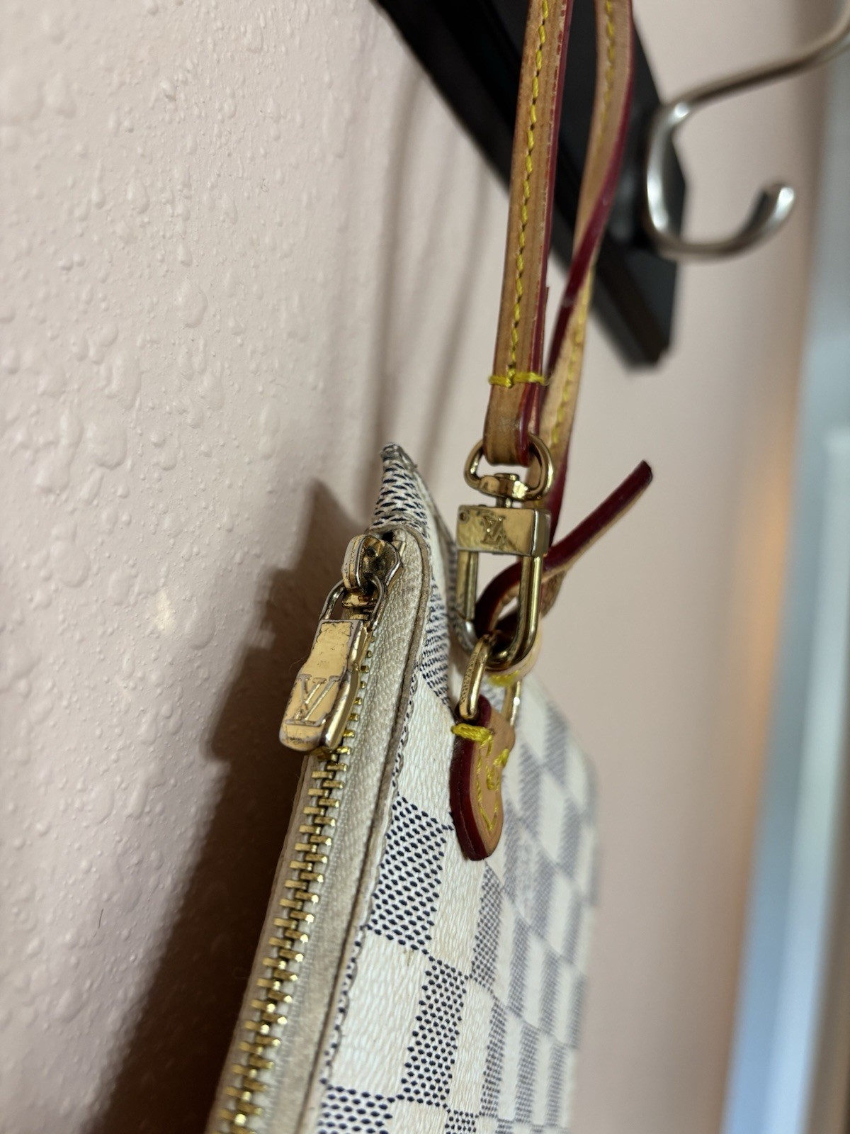 Louis Vuitton Damier Azur Zip Wristlet Pouch White/Blue Brown Strap Gold