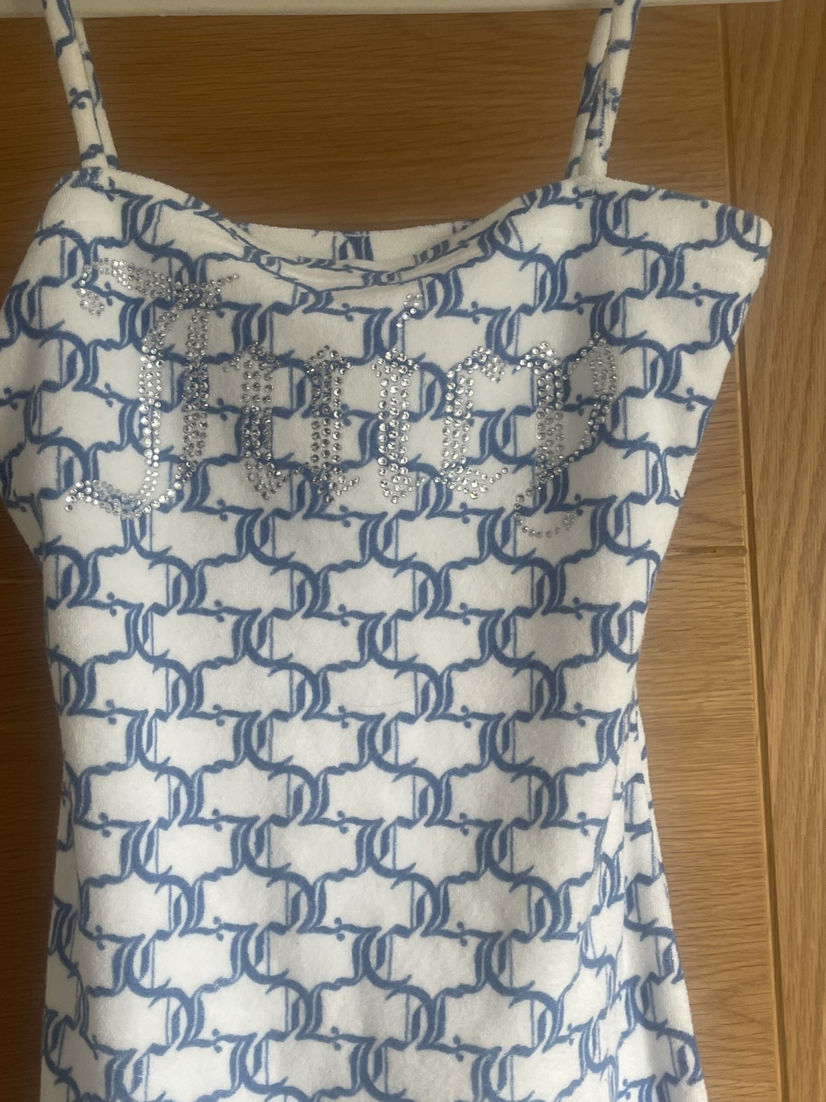 JUICY COUTURE VELOUR STRAPPY MINI DRESS – MONOGRAM PRINT & RHINESTONE LOGO UK S