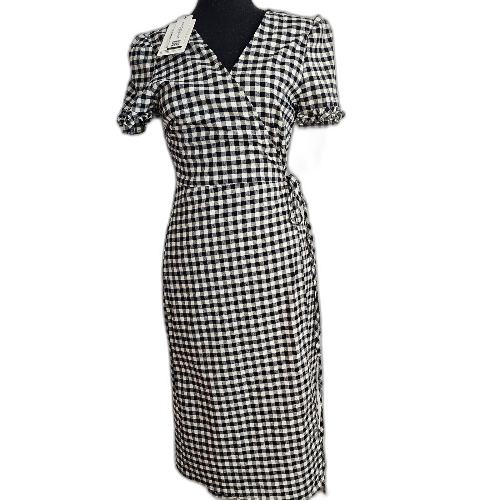 NWT Haoduoyi Black & White Checkered Cotton Wrap Dress