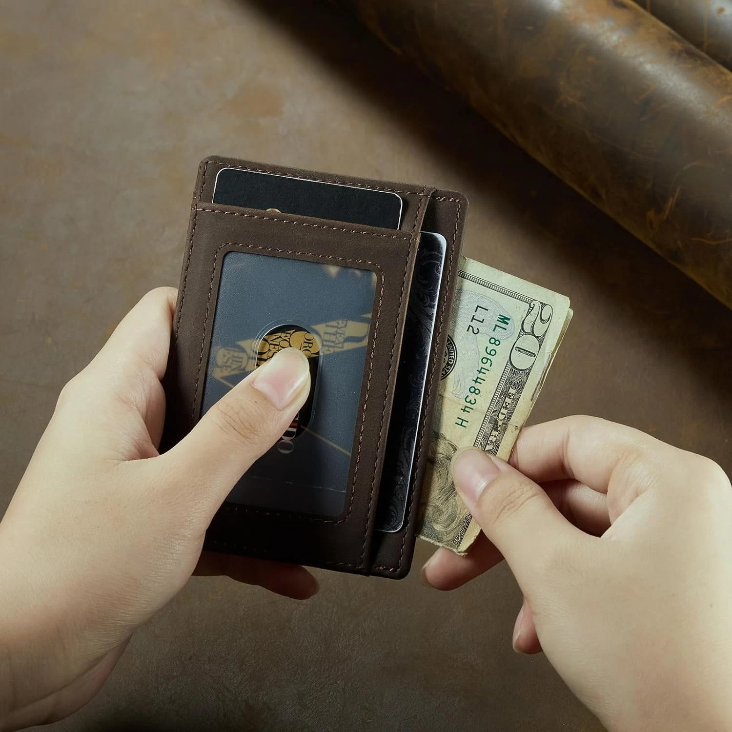 Men’s Slim Minimalist Leather Wallet RFID Blocking Front Pocket Card Holder
