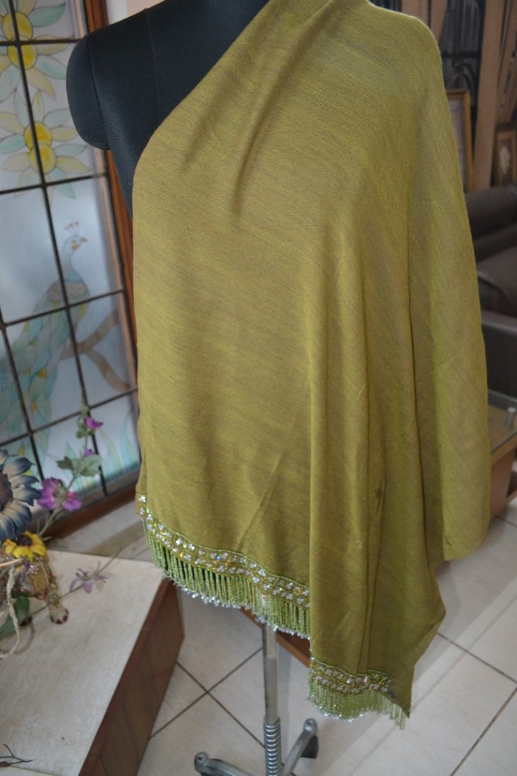moss/ navy reversible SEQUINS BEADS ON TASSELS PASHMINA SHAWL 100% CASHMERE