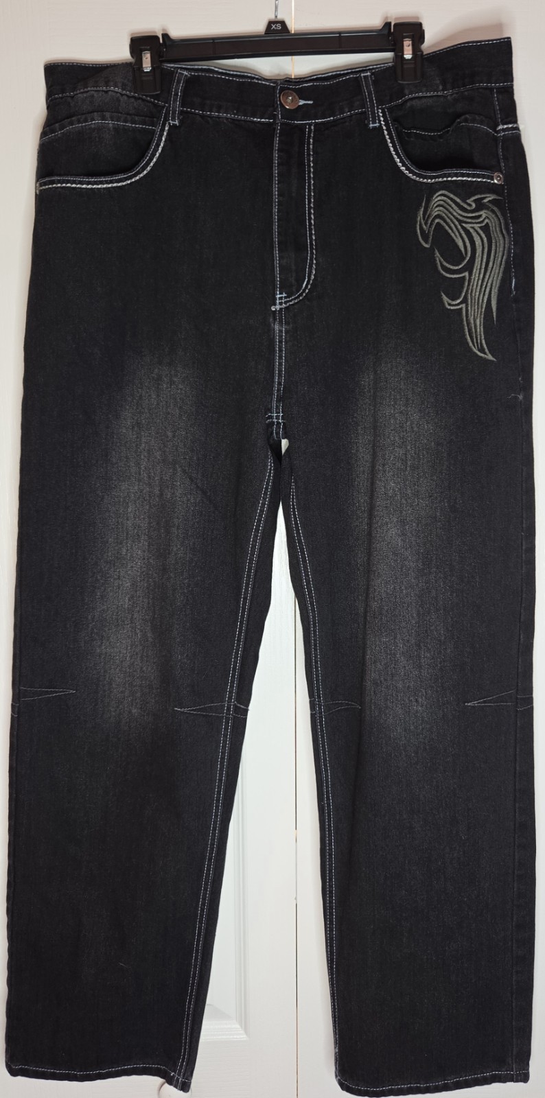 Mens PLAY BIGG Wide Leg Jeans Loose Fit Denim Embroidery Street Pants Sz 40