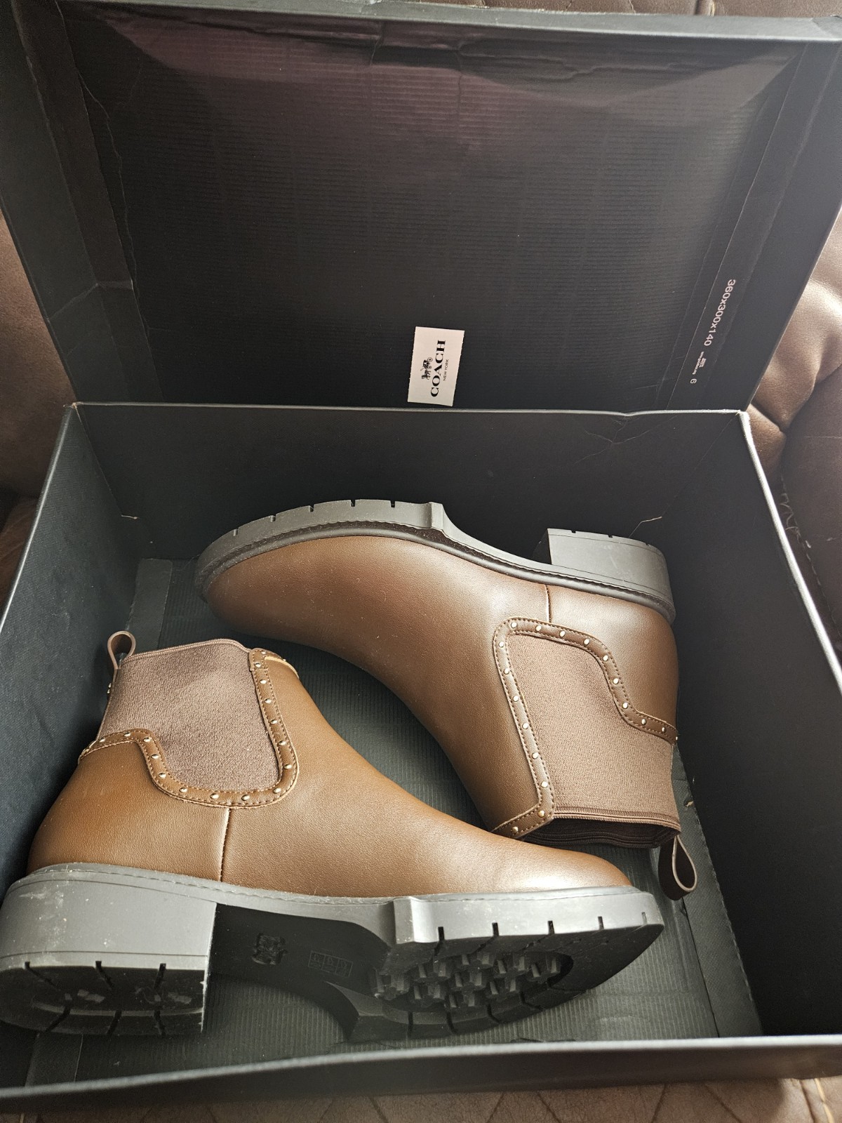 Coach Lory Leather Booties, Size 9 B in Walnut New
