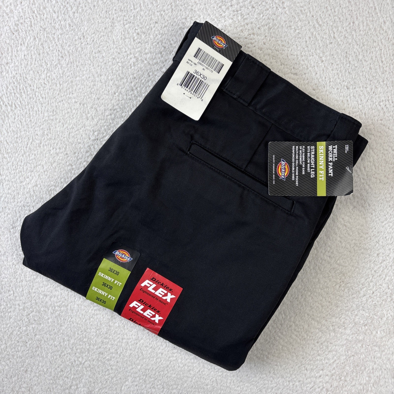 NEW DICKIES Flex ‘Skinny Fit Twill Pants’ Mens 36/30 Black Straight Leg Work NWT