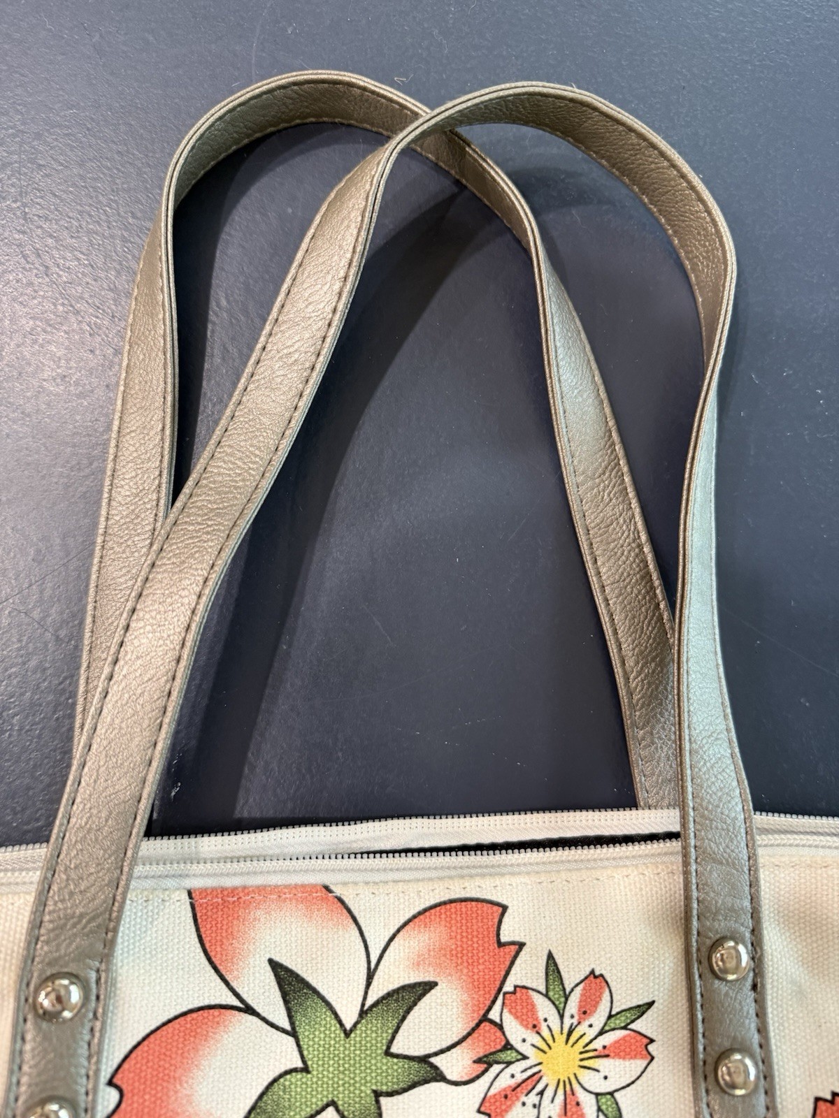 Vntg Ed Hardy Rhinestone Script Logo Floral Canvas Leather Shoulder Tote Bag Y2K