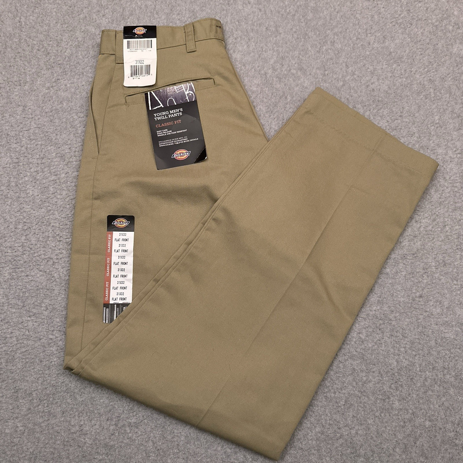 NEW Dickies Young Men’s Twill Pants 31X32 Classic Fit Flat Front Beige Workwear