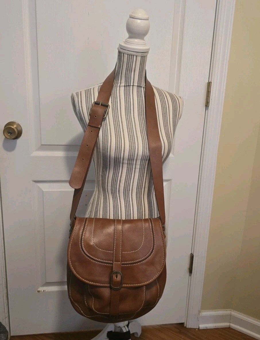 Patricia Nash Barcelona Brown Italian Leather Saddle Crossbody Purse Bag Large