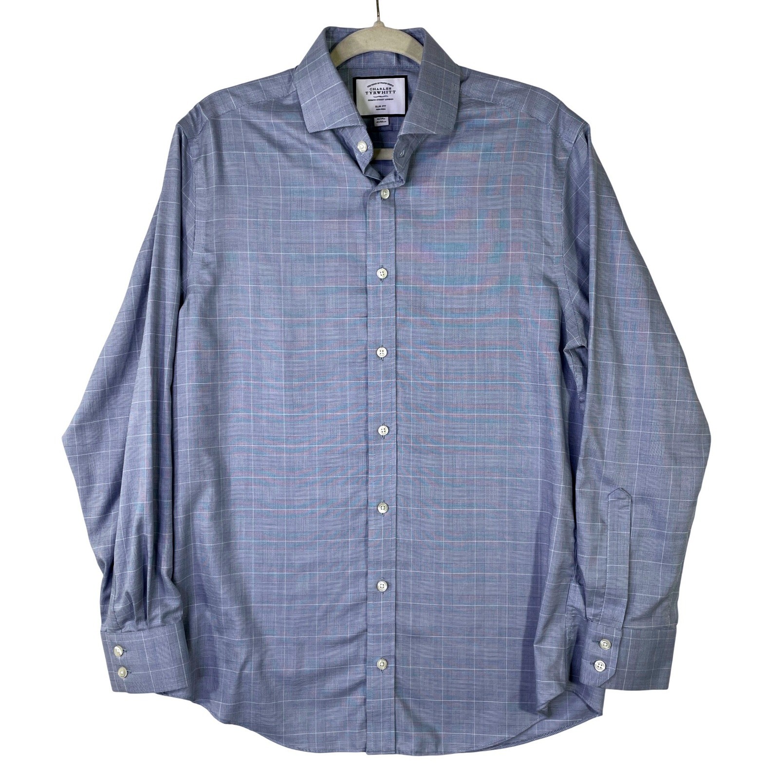 Charles Tyrwhitt Slim Fit Non-Iron Dress Shirt Blue Glen Plaid 16/34 41/86cm