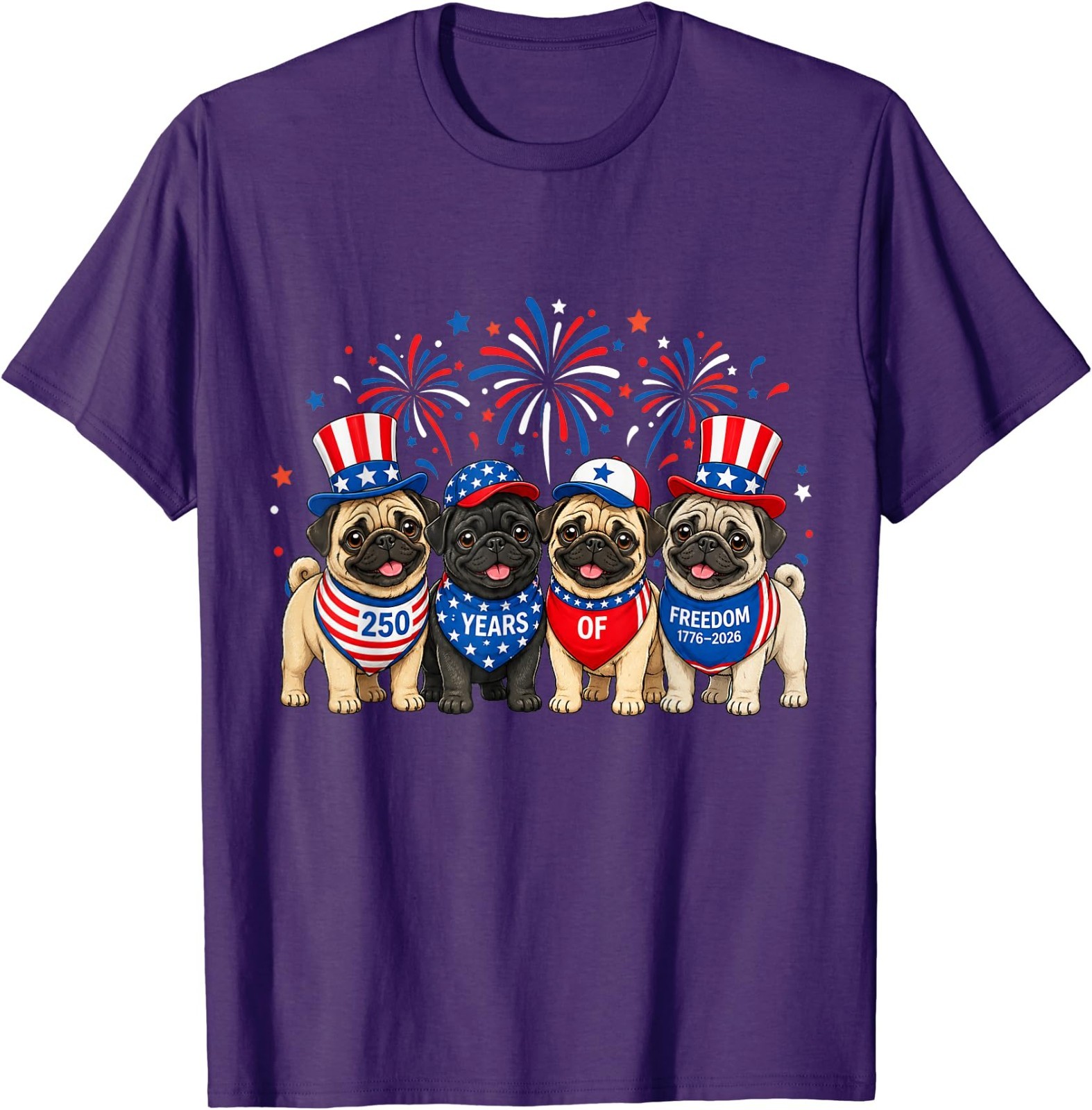 Pug Dog 250 Years American 1776 2026 4th July T-Shirt