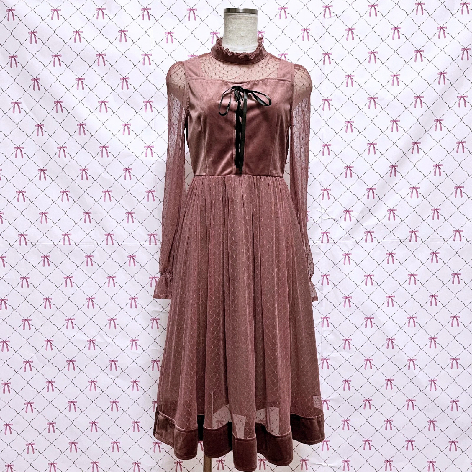 Velour Lace Long Dress Red M Elegant Kawaii Jashion Party Feminin