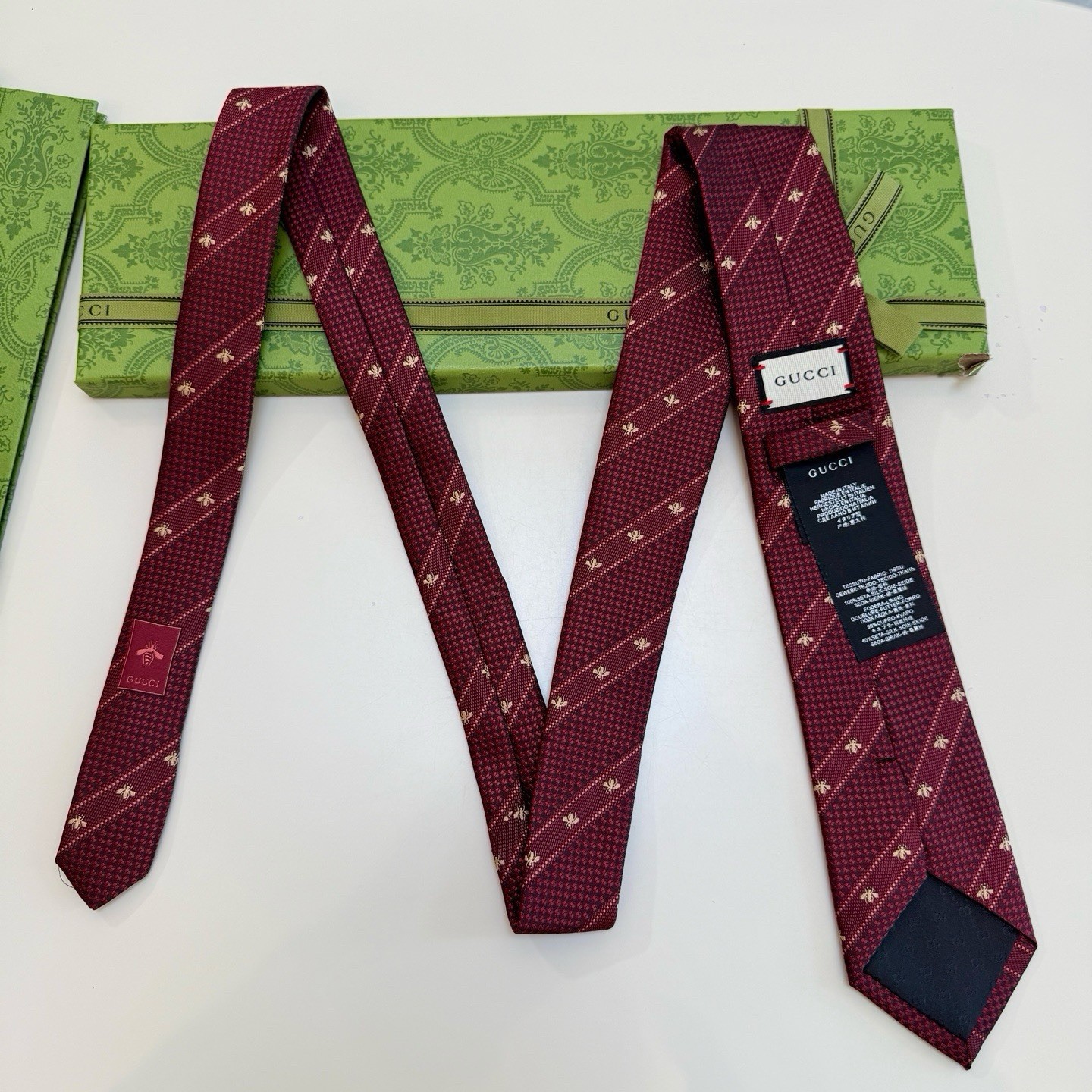 Gucci Burgundy Striped Silk Designer Tie for Men with Logo Theme/Accents