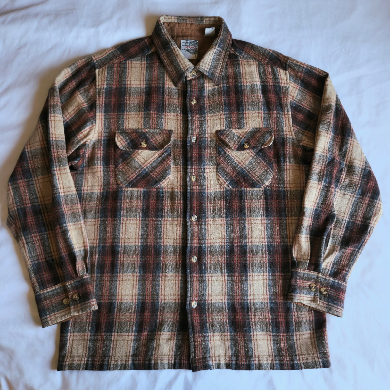 Ambiguous Y2K Skateboarding Brown Tan Plaid Wool Blnd L Long Sleeve Button Shirt