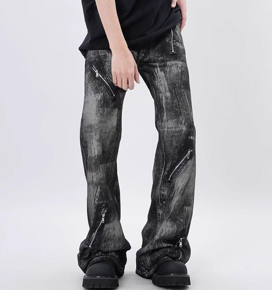 Men’s Black Denim Jeans Straight Leg Casual Zipper Pants Trousers Punk Hip Hop