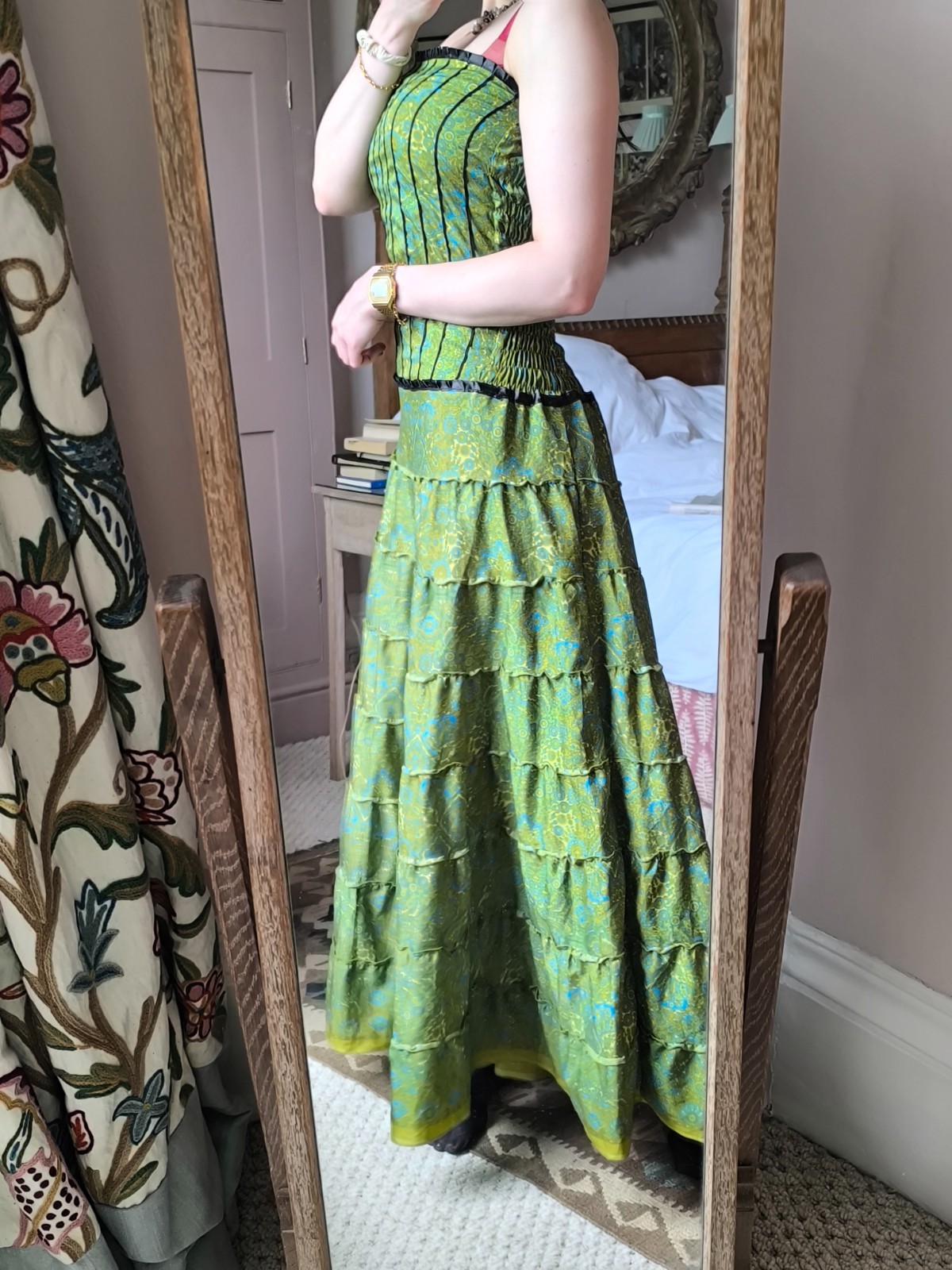 Vintage Indian Strapless Sun Dress 10 12 Shirred Green Paisley Tiered Faux Silk