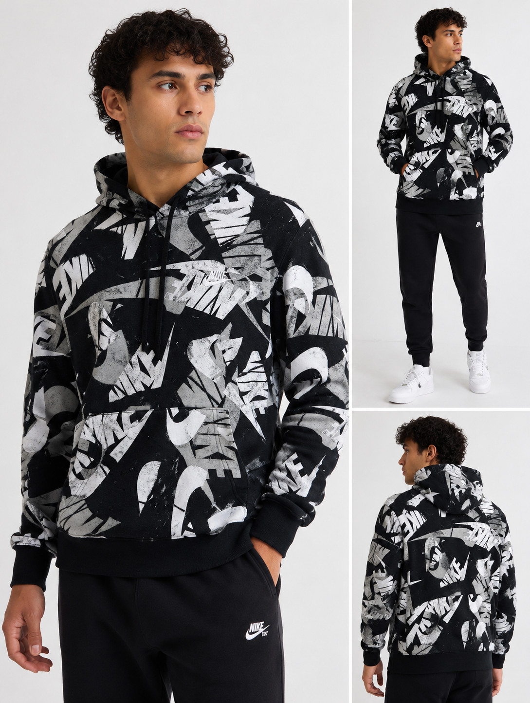 Nike Men’s Black & White All Over Logo Pullover Crewneck Hoodie Size Small