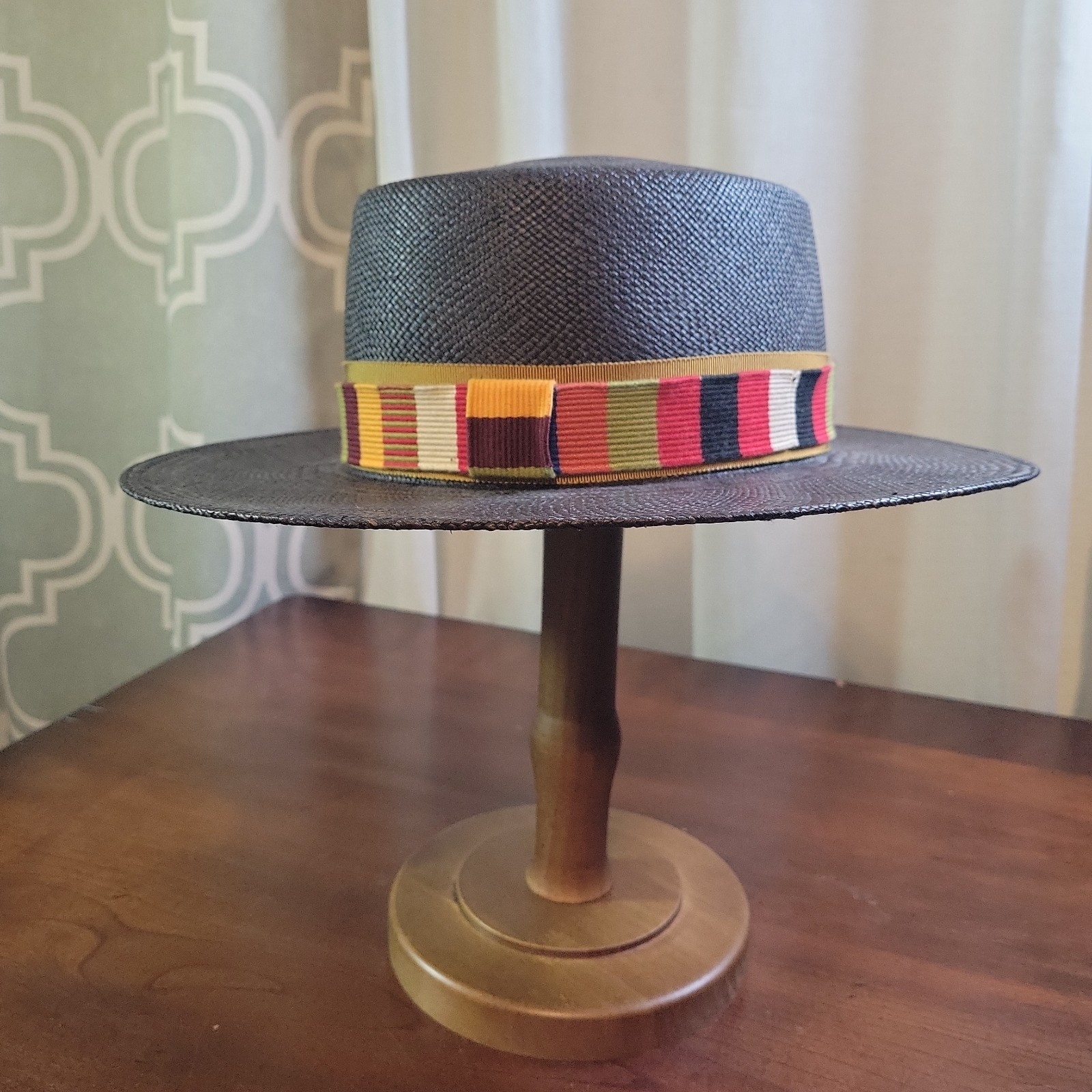 Goorin Bros Charcoal Flat Brim Panama Fedora Hat Toquilla Straw Boater 23″ 7 3/8