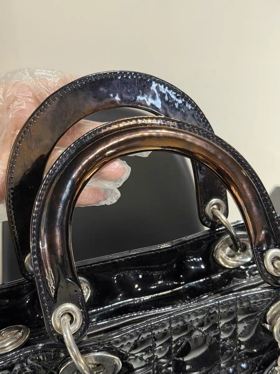 Authentic Christian Dior Black Patent Leather Lady Dior Bag