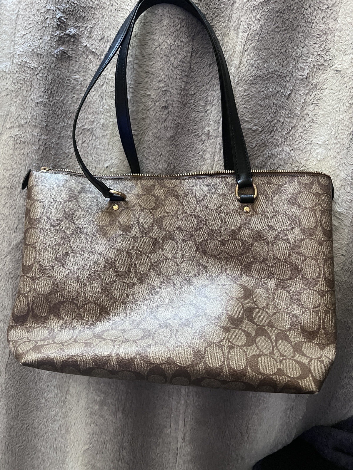 Coach F79609 Signature Tote Bag Brown Monogram Canvas Black Leather Handles