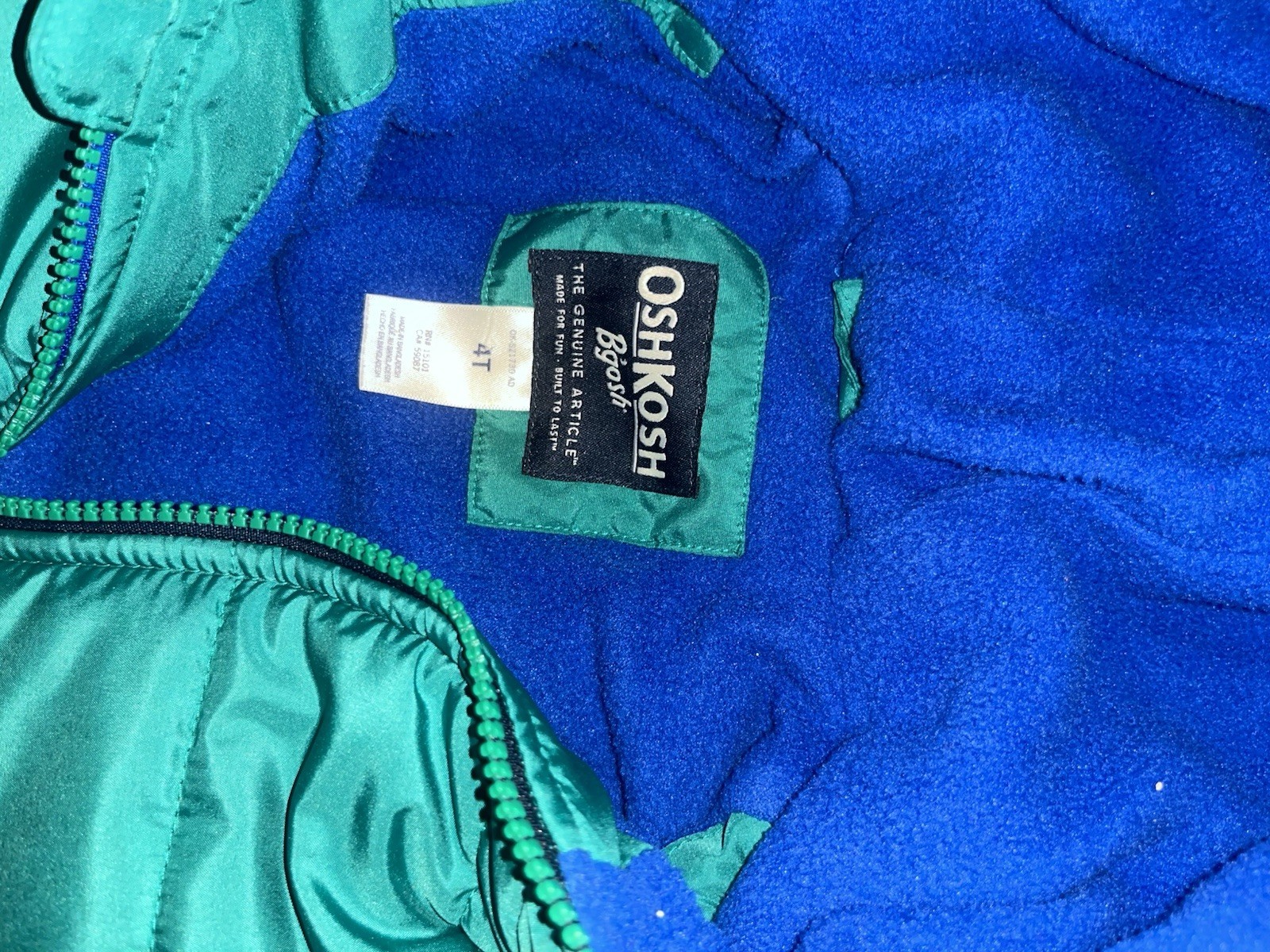 OshKosh B’gosh Hooded Puffer Jacket Full Zip Lined Green/Blue 4T