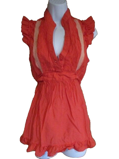 MINE Red Ruffled Blouse w/Tie Back,2 Buttons,& Zipper 60%Cotton 40% Polyester LG