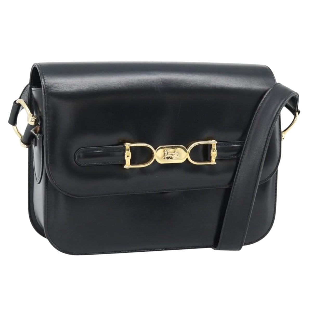 CELINE Horse Carriage Shoulder Bag Leather Black Gold Auth bs35269