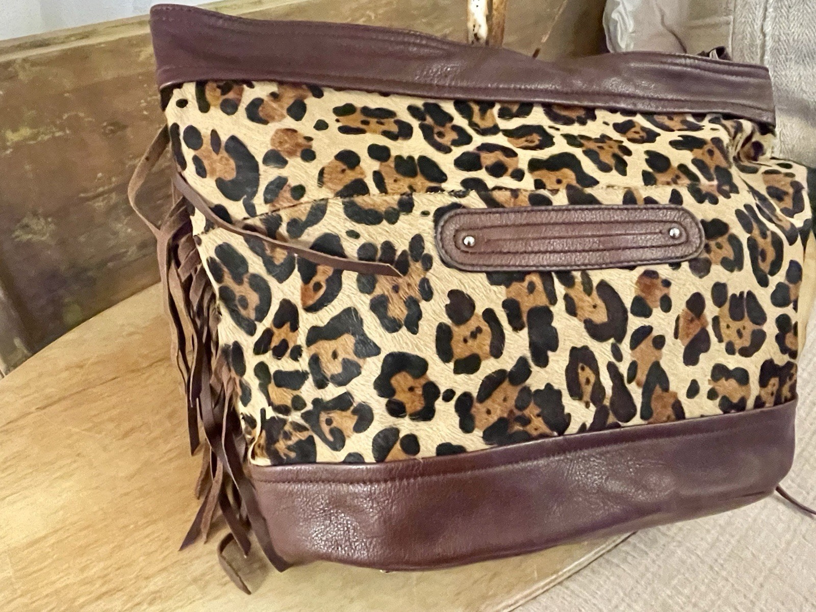 B. Makowsky Leopard Print Fringe Zipper Accent Women’s Shoulder Bag