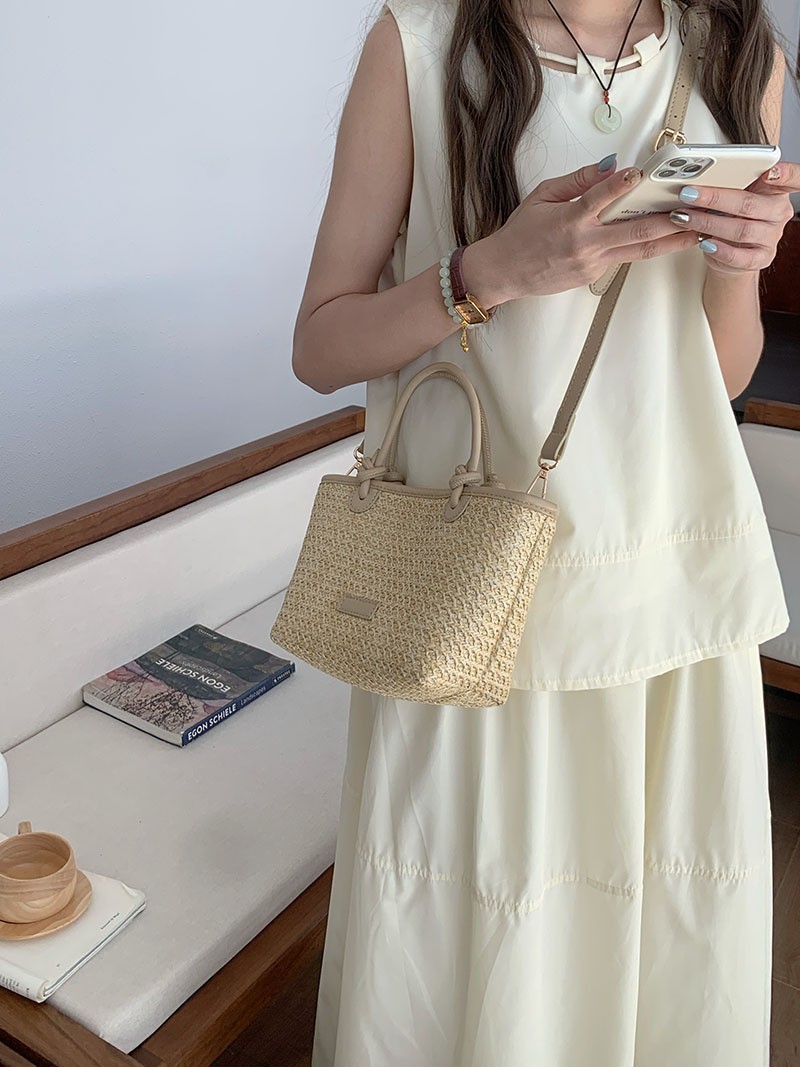 Straw Woven Crossbody Top Handle Knot Bucket Bag for Women Handbags
