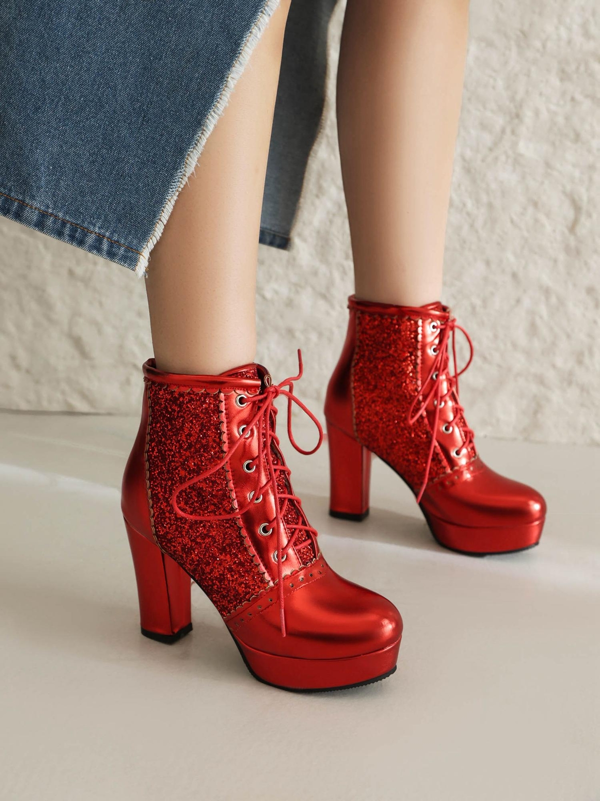 2026 Women Ankle Boot Block High Heel Glitter Sequin Leather Lace Up Shoes Pumps