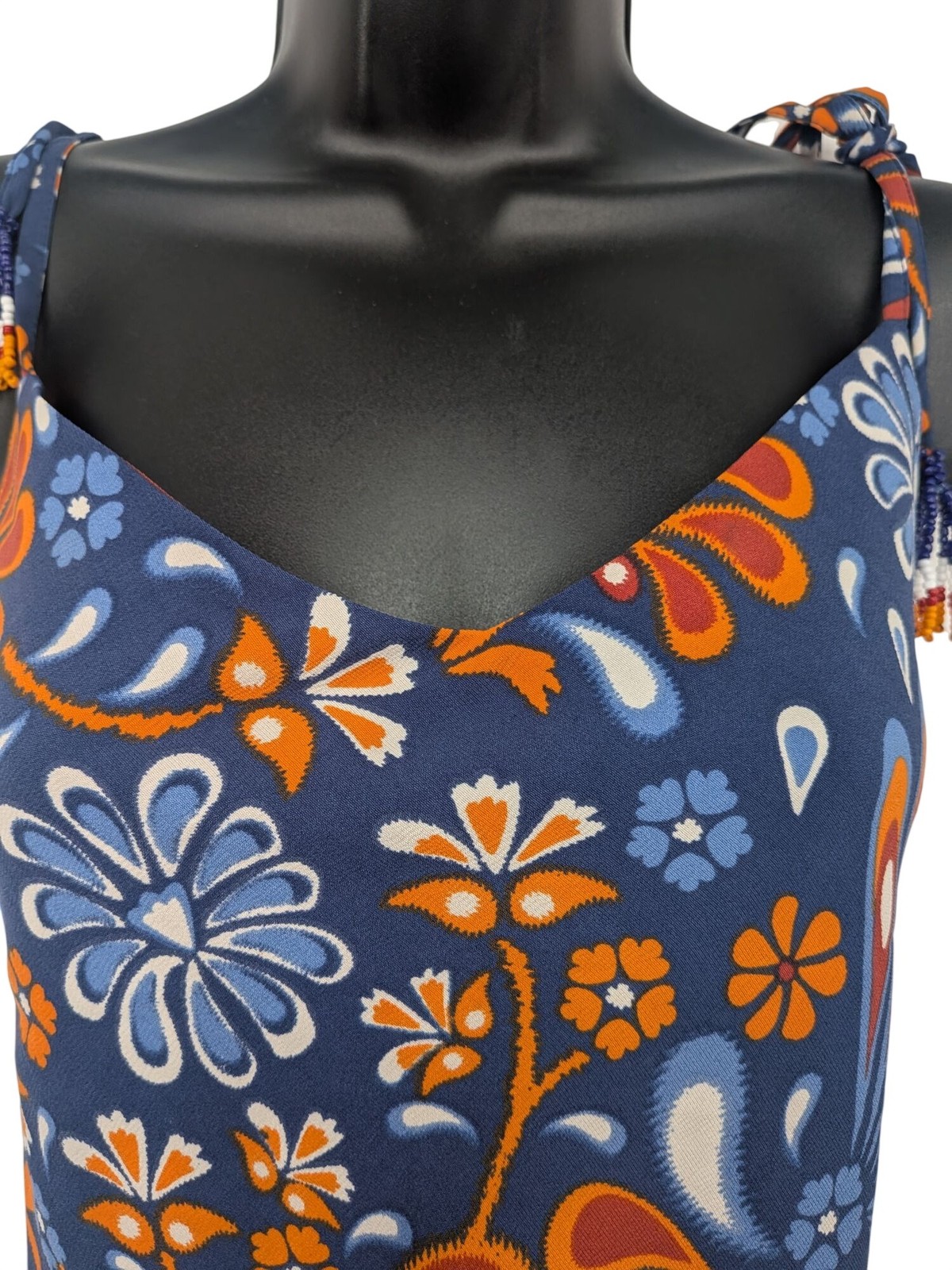 Boho Floral Tank Top Beaded Tie Straps Festival Hippie Resort Folk Artsy Medium