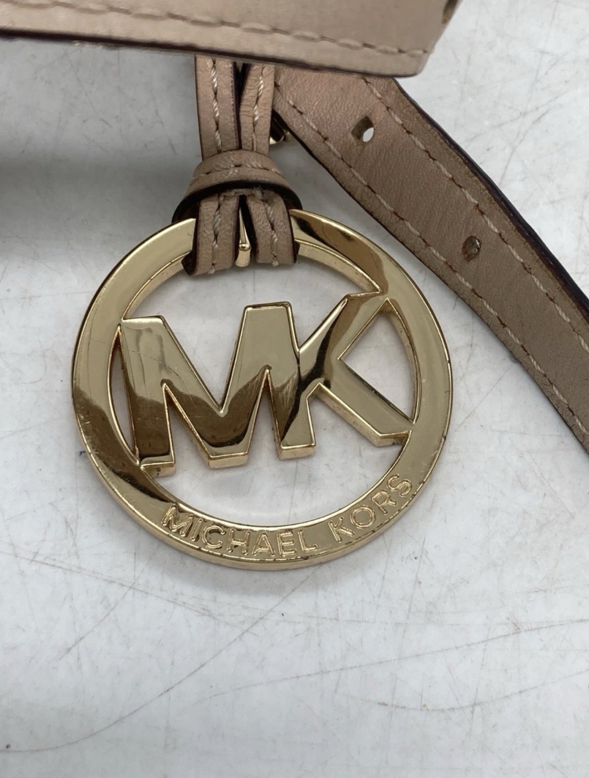 Michael Kors Signature Beige Logo Large Tote Zip Top Gold Hardware MK Charm