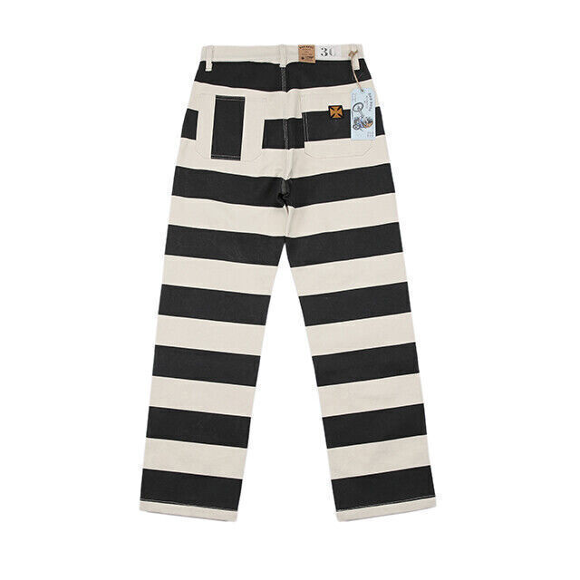 BOB DONG Retro Prisoner Striped Motorcycle Pants Men Casual Biker Trousers Thick