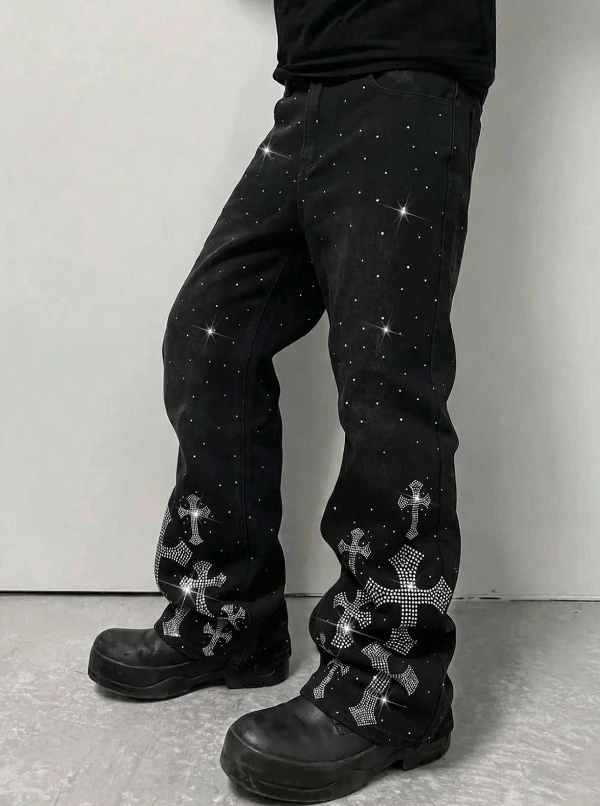 Men’s Y2K Rhinestone Cross Jeans Gothic Flare Denim Pants Streetwear Black