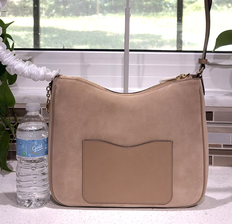 MICHAEL KORS NAYLA MEDIUM ZIP MESSENGER CROSSBODY BAG TOTE MK CAMEL SUEDE GOLD