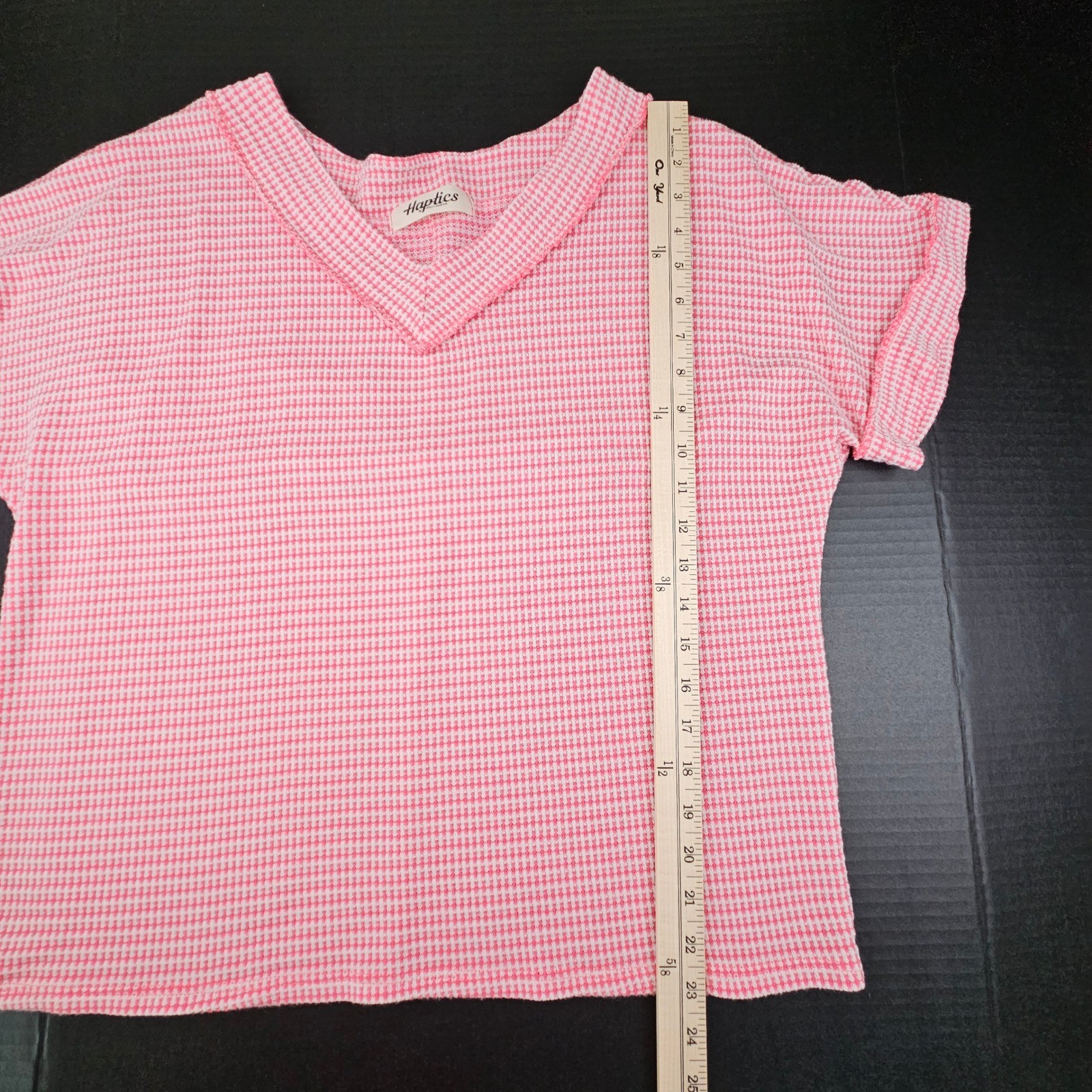 Haptics by Holly Harper Pink Jacquard Gingham V-Neck Top Short Sleeve Loungewear