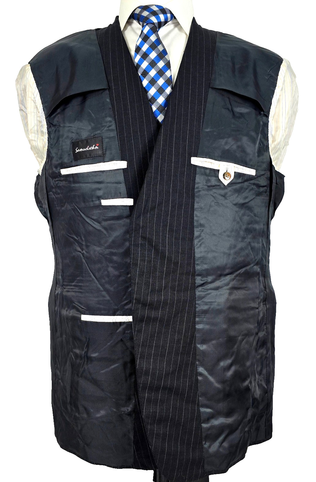 Samuelsohn SB Austin Cashmere & Super 120’s Wool Sport Coat Black Pinstriped 46R