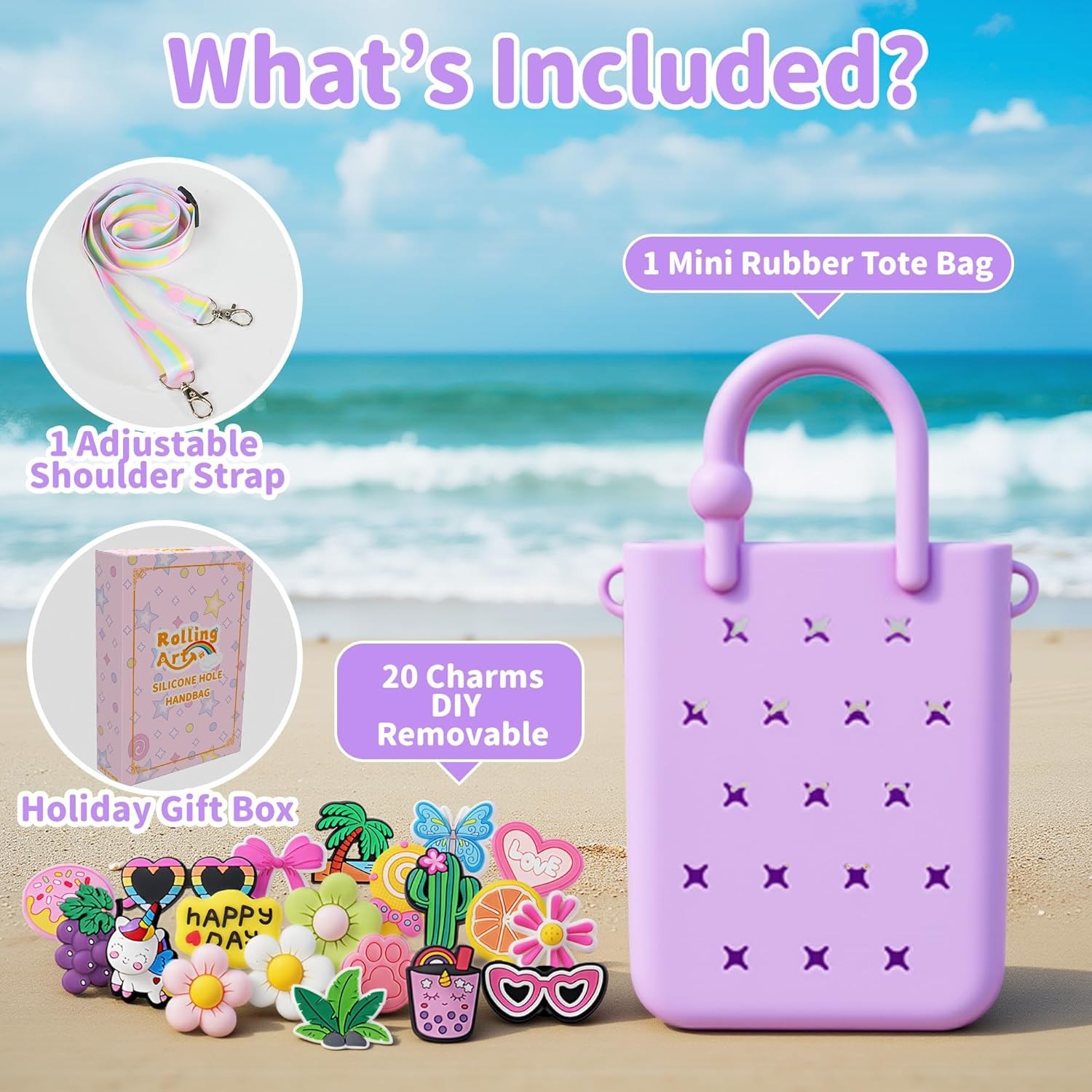 Small Silicone Beach Bag Rubber Tote w/20 Charms Adjustable Strap Girls Women