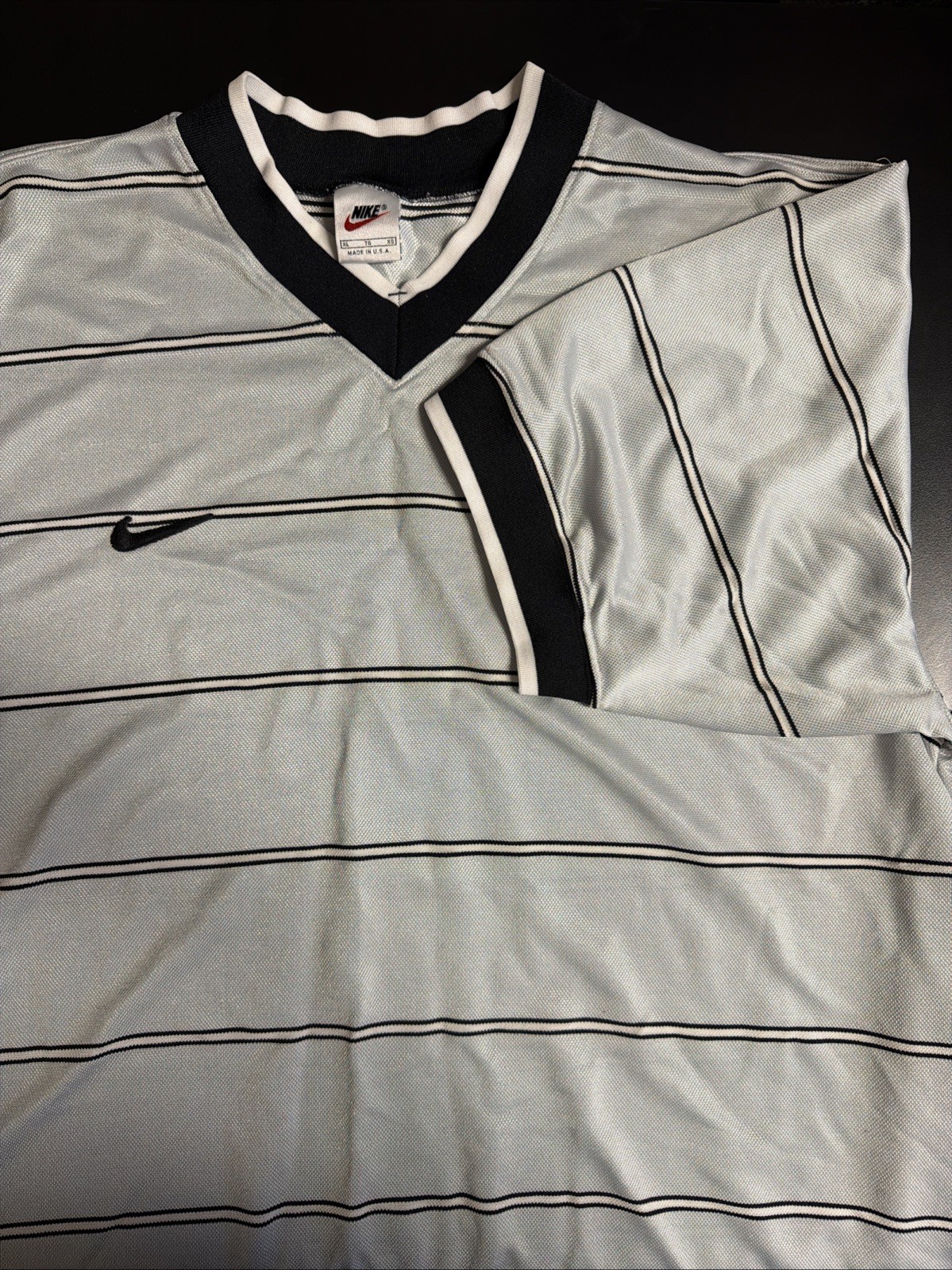 VTG 90’s Nike Jersey Shirt WhiteStriped Embroidered Logo Made In USA WhiteTag XL