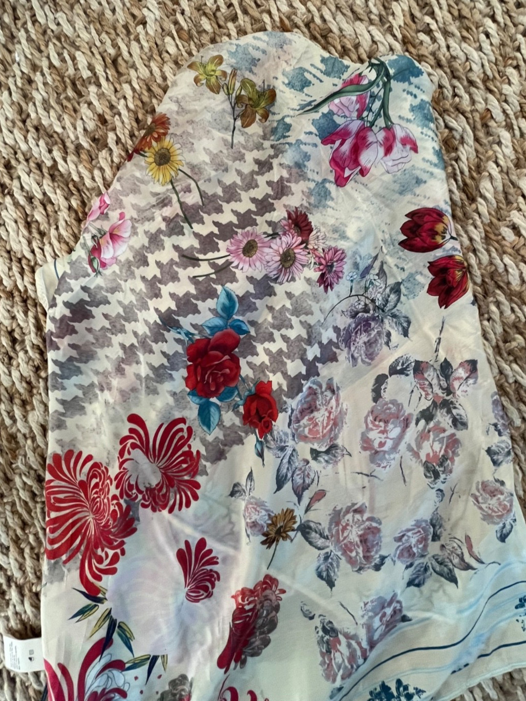 Johnny Was Silk Scarf with Tassels FOUR SEASONS New w Tags Floral Houndstooth
