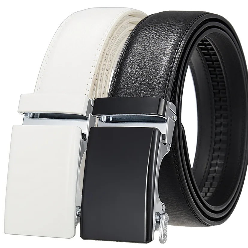 Men Unisex Genuine Leather Ratchet Dress Belt Automatic Sliding Buckle