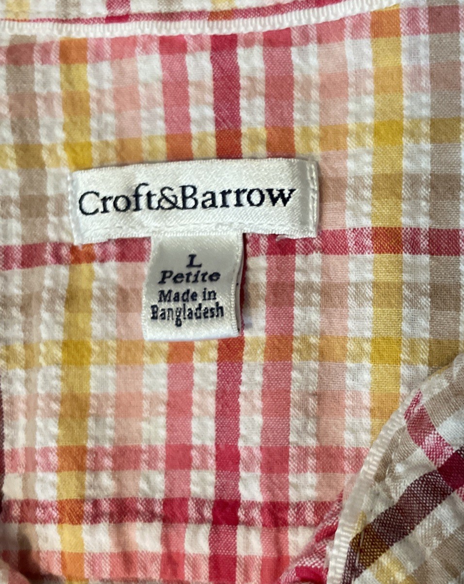 Croft & Barrow Plaid Shirt Women’s Sz Petite L Long Sleeve Seersucker Top Button