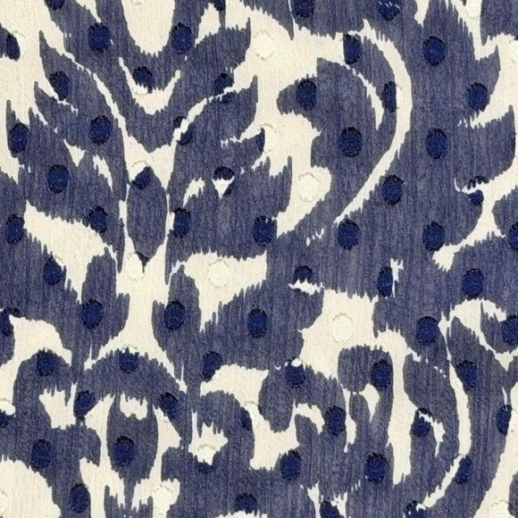 Navy Blue White Damask Ikat Clip Dot Sleeveless Blouse Ruffle V-Neck Top